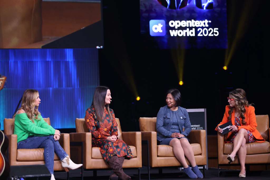 OpenText World 2025 mainstage panel with Sandy Ono, Jessi Alexander, Natalie Hemby, and Katie Linendoll