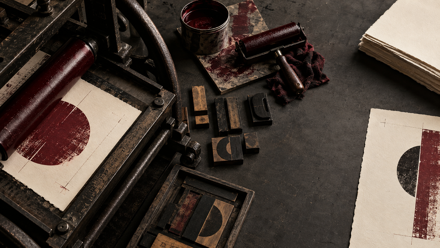 Letterpress tools, ink, paper, and registration marks in a printmaking studio